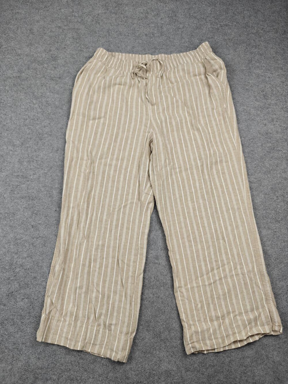 Briggs Pants Womens XL Beige Striped Cropped Wide-Leg Linen Rayon Drawstring